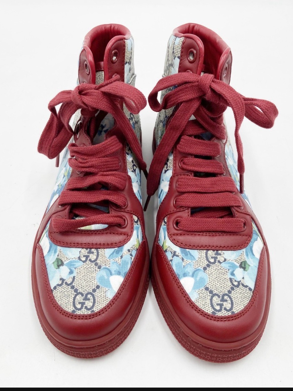Gucci Red Leather & Blue Floral GG High-Top Sneakers